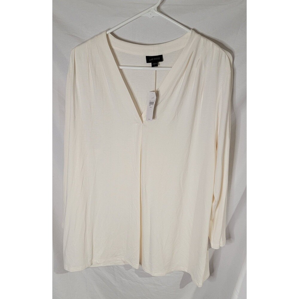 J Jill Womens Large Wearever Biege VNeck Mid Sleeve Pleated Tunic Blouse Stretch